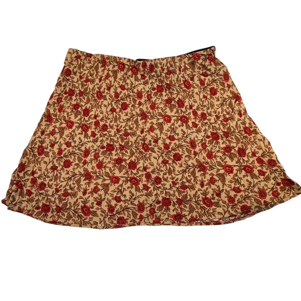 Aeropostale Skirt XL Tan Red Floral Boho Mini Elastic Waist 8852
